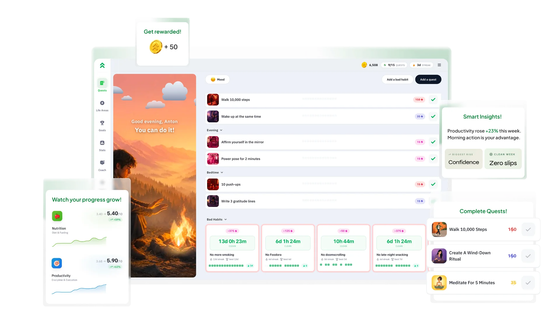 Ascendo personal growth app dashboard showing daily quests, habits and XP progress