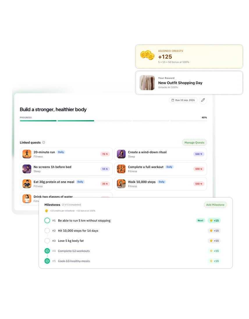 Ascendo gamified rewards for completing habits and quests