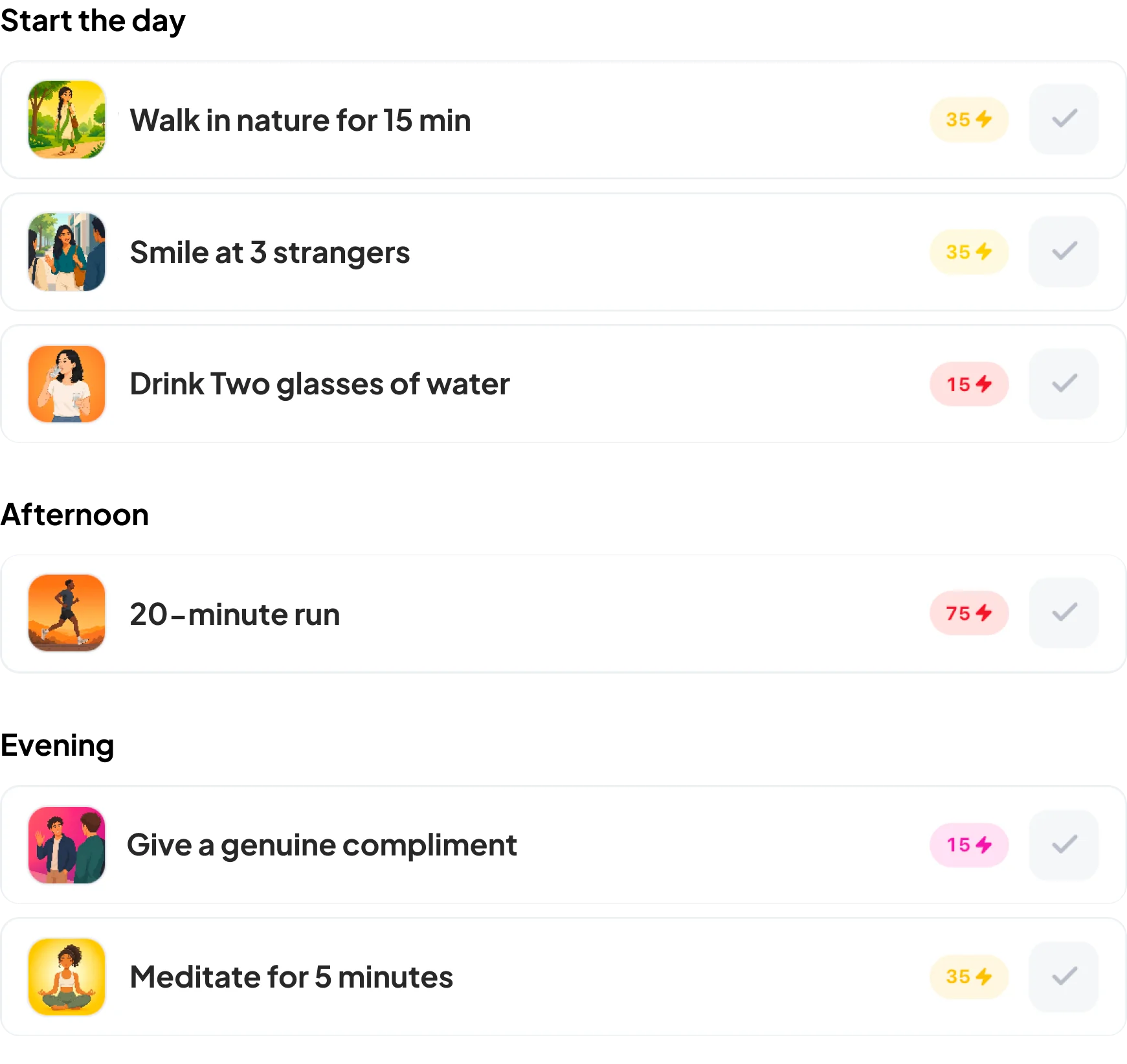 Ascendo daily quests grouped by time of day, each with an XP reward