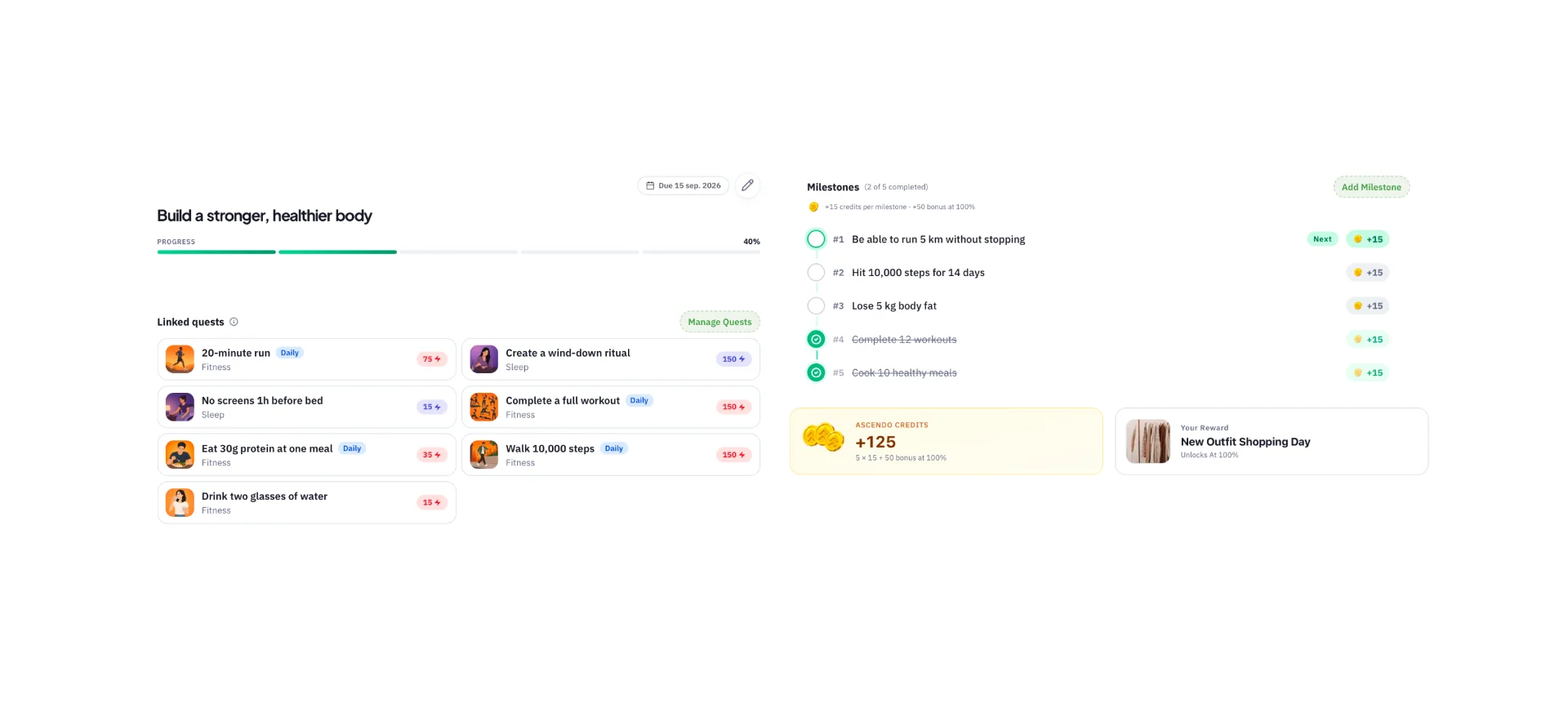 Ascendo gamified rewards for completing habits and quests